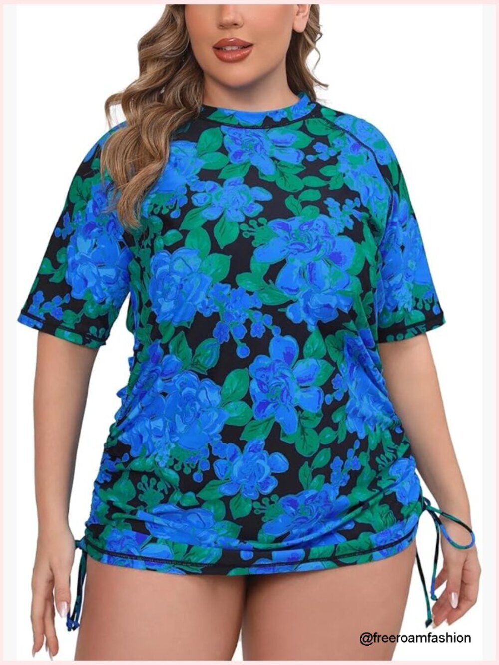 Plus Size Short Sleeve Rash Guard Swim Shirt UPF50+ Sun Protection Drawstring